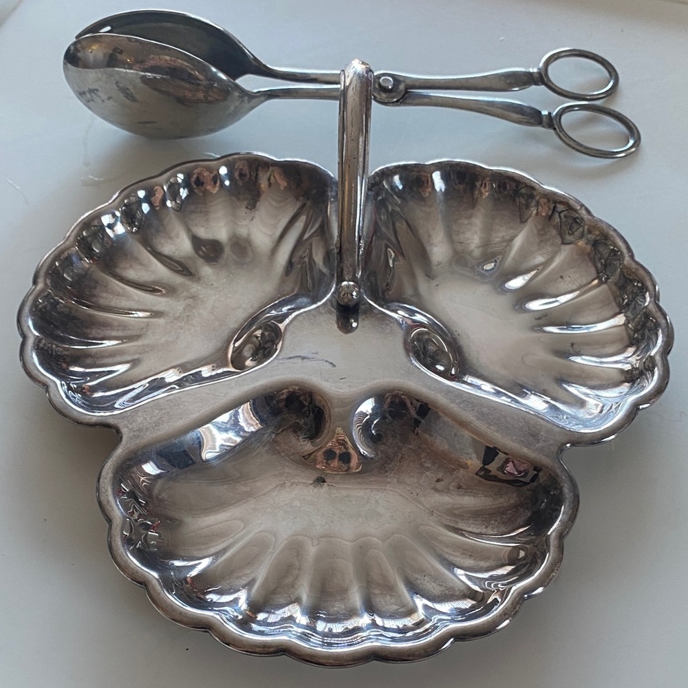 Silver-plate Three-Section Shell Serving Dish with Silver Plate Tongs
